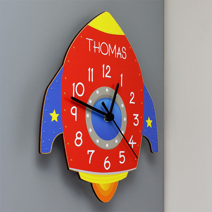 Personalised Rocket Shaped Childrens Wooden Clock