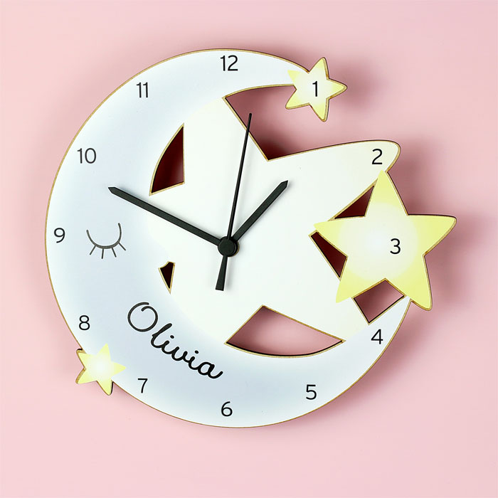 Personalised Moon and Stars White Wooden Nursery Wall Clock