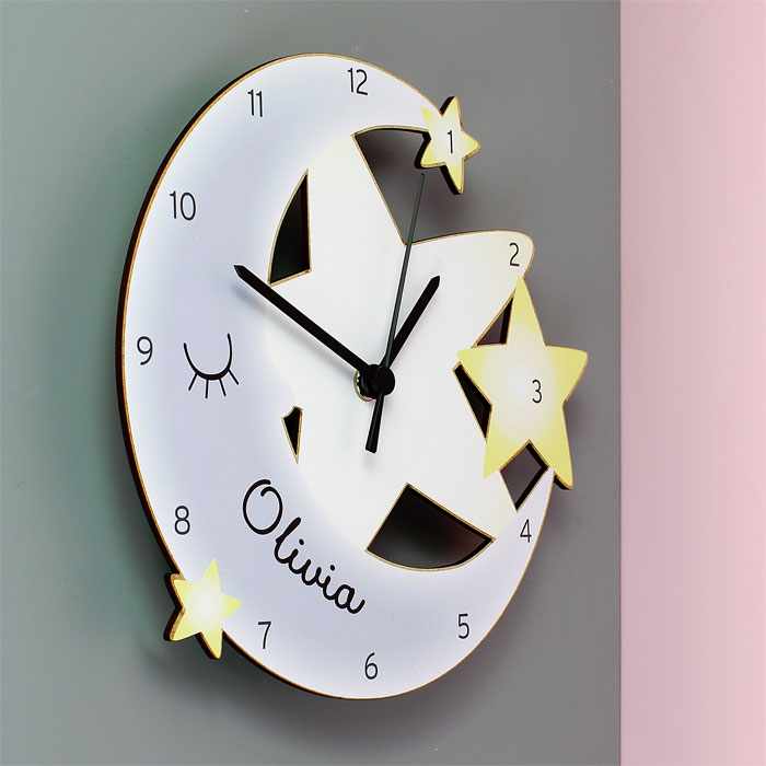 Personalised Moon and Stars White Wooden Nursery Wall Clock
