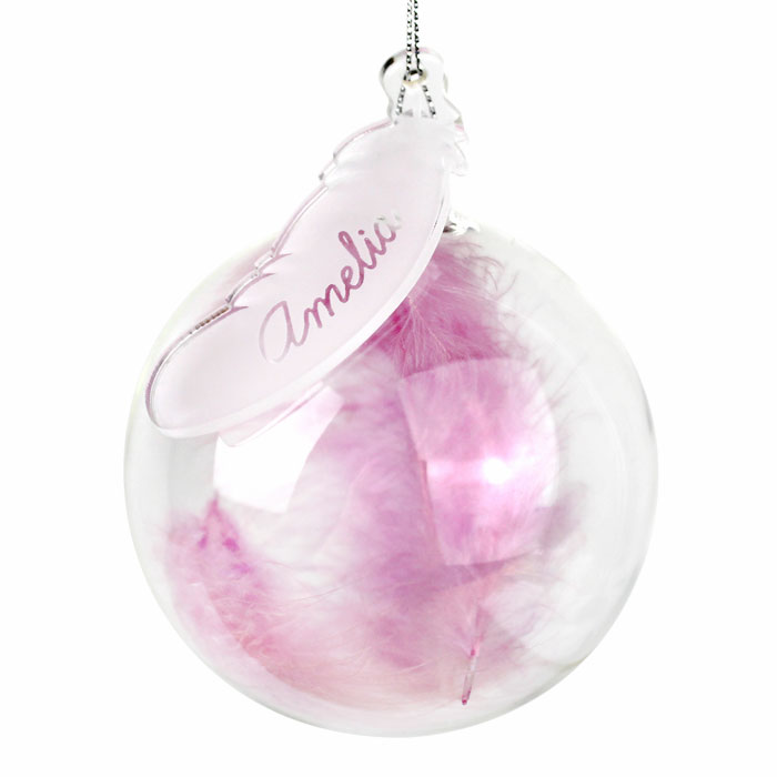 Personalised Pink Feather Glass Baby Memorial Tree Bauble