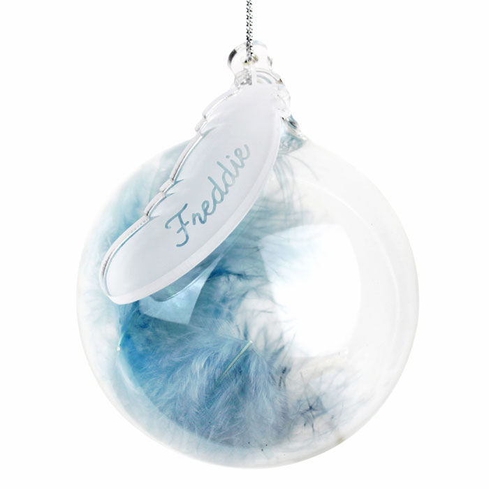 Personalised Blue Feather Glass Baby Boy Memorial Bauble