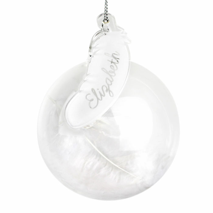 Personalised White Feather Glass Baby Memorial Tree Bauble