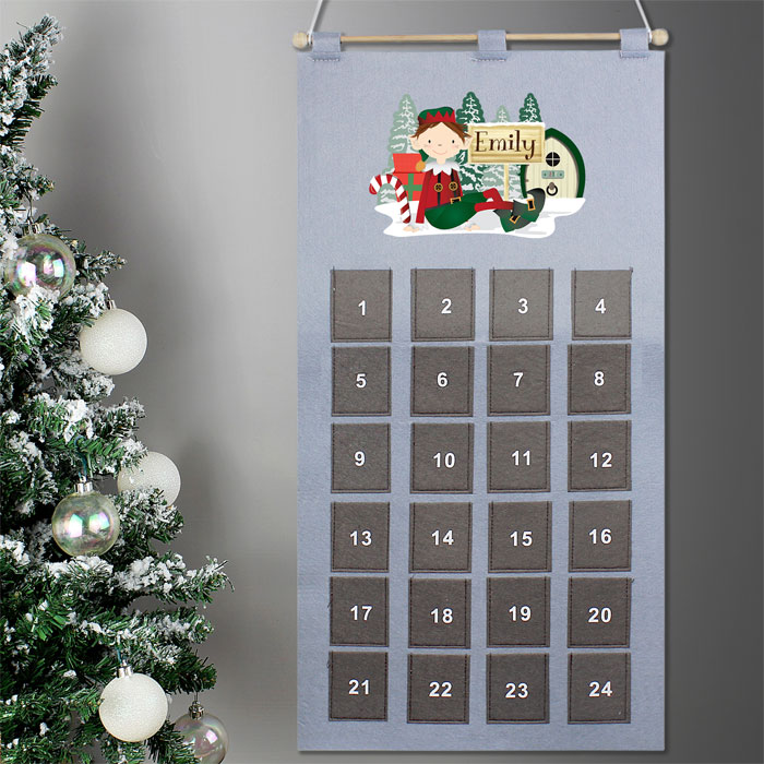 Childrens Personalised Xmas Elf Felt Pocket Advent Calendar