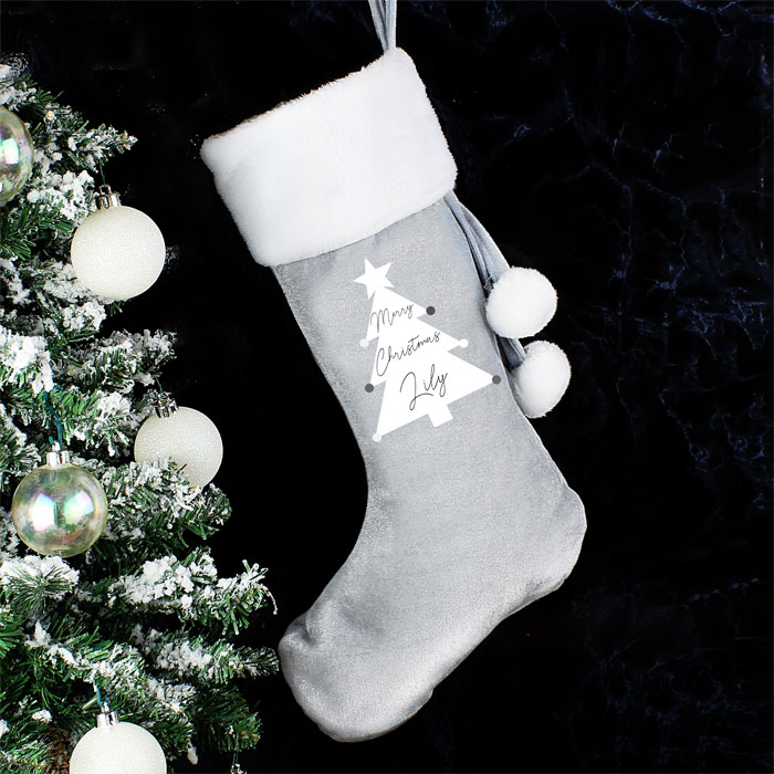 Personalised Christmas Tree Luxury Silver Fleece Stocking