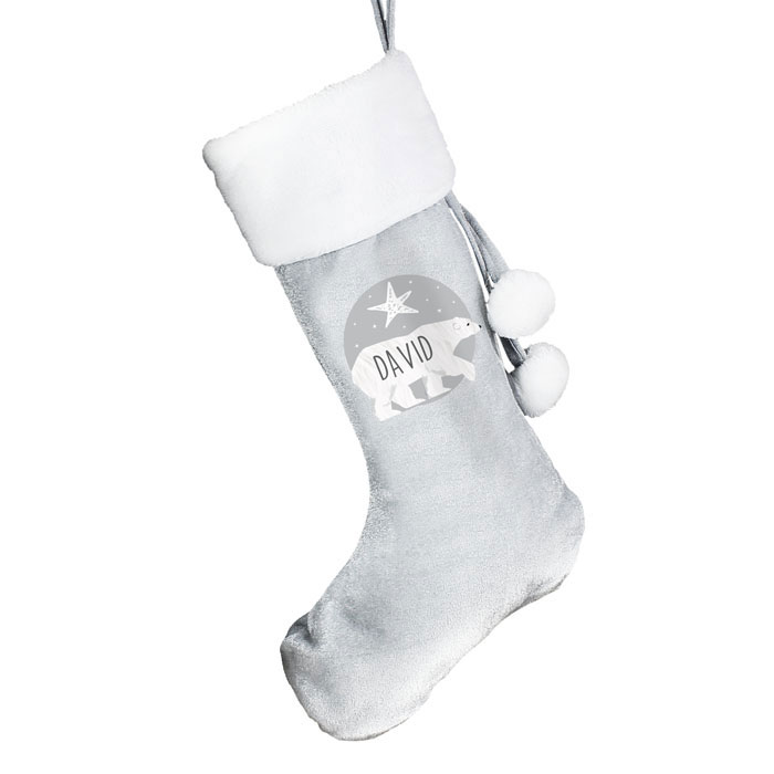 Personalised Polar Bear Luxury Silver Christmas Stocking
