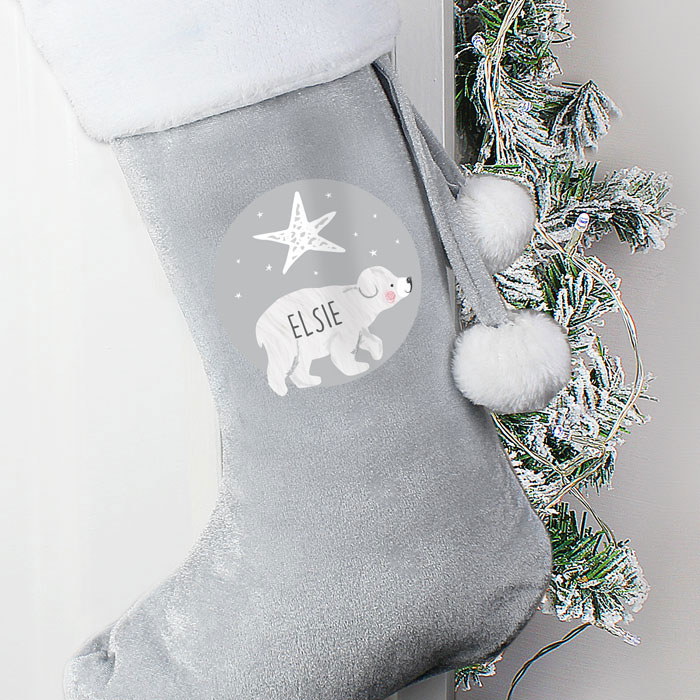 Personalised Baby Polar Bear Childrens Silver Xmas Stocking