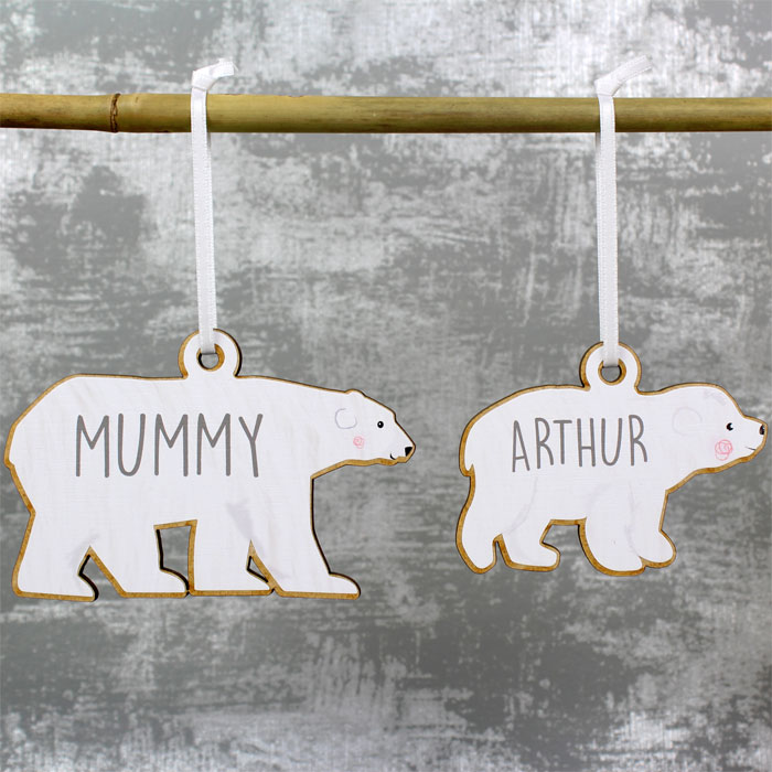 Personalised Set Polar Bear Family Wooden Xmas Decorations
