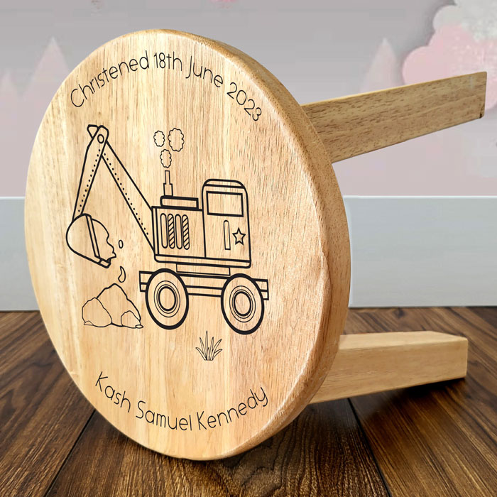 Engraved Digger Childrens Wooden Stool