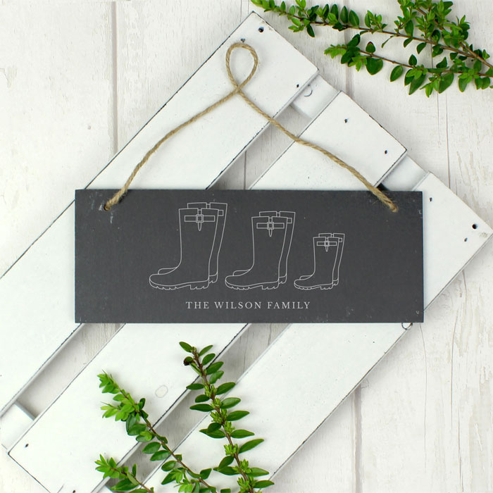 Personalised Welly Boot Family of Three Hanging Slate Plaque