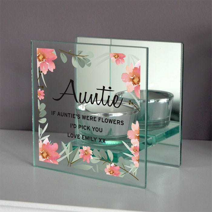 Personalised Floral Mirrored Glass Tea Light Holder