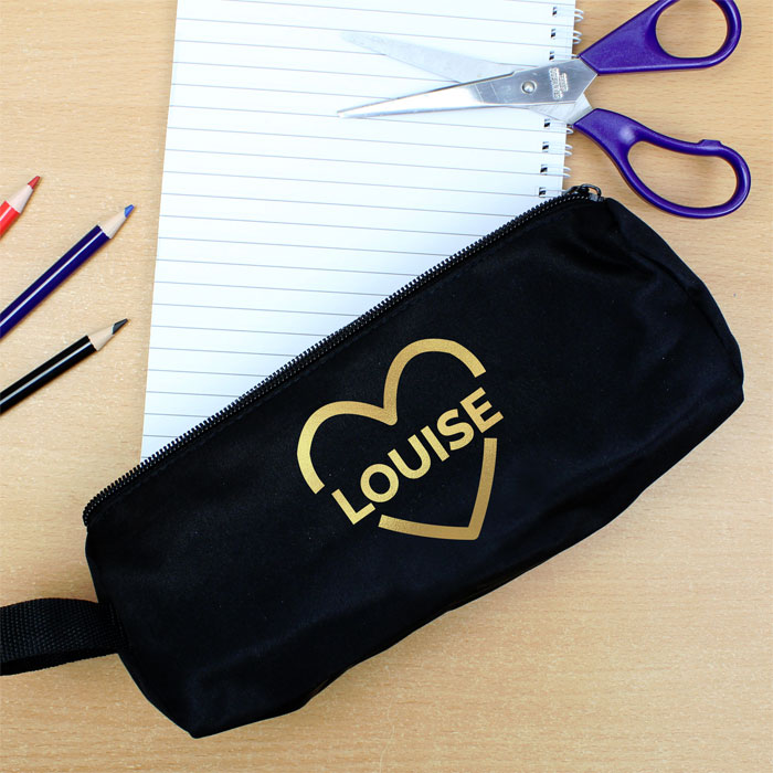 Girls Personalised Gold Heart Black Pencil Case
