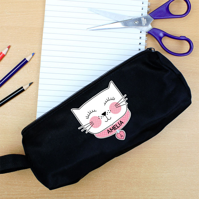 Girls Personalised Cute Cat Black Pencil Case