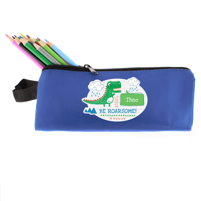 Boys Personalised Be Roarsome Dinosaur Blue Pencil Case