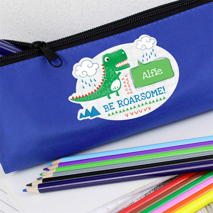 Boys Personalised Be Roarsome Dinosaur Blue Pencil Case