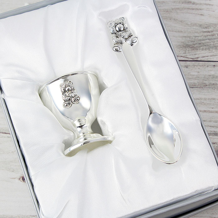 Silver Plated Engraved Egg Cup and Spoon