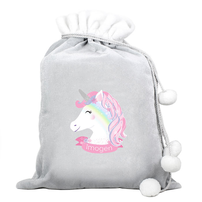 Personalised Christmas Unicorn Luxury Silver Pom Pom Sack
