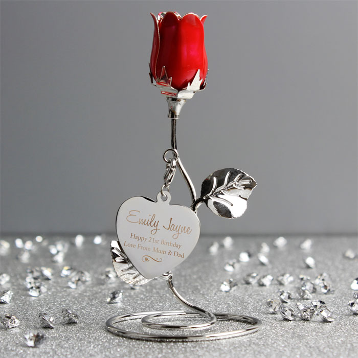 Personalised Swirls & Hearts Red Rose Bud Ornament
