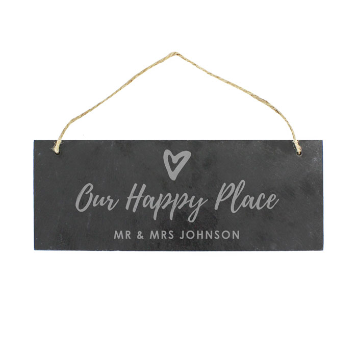Personalised Our Happy Place Hanging Slate Plaque