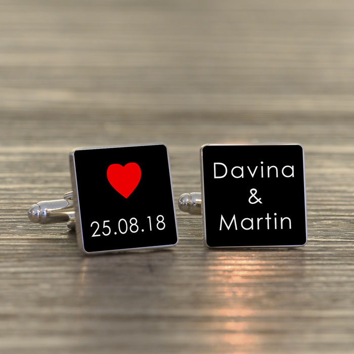 Personalised Date & Names Heart Cufflinks
