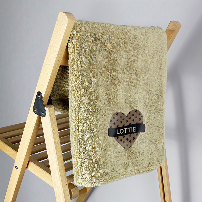 Personalised Heart Print Brown Microfibre Pet Towel