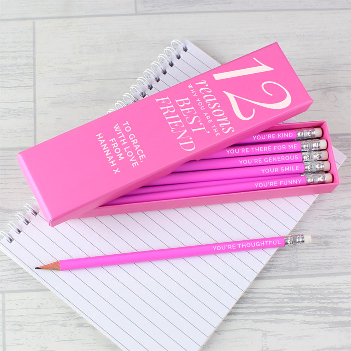 Personalised Pink 12 Reasons Box & 12 Pink HB Pencils