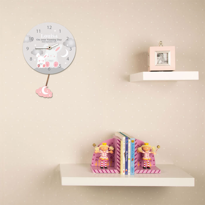 Baby Girls Personalised Silent Tick Bunnies Clock