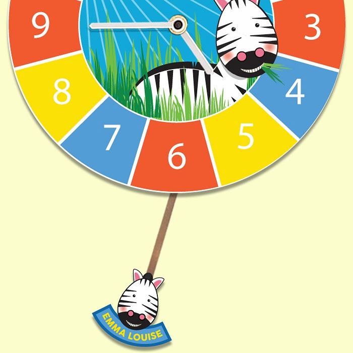 Kids Personalised Zebra Pendulum Silent Tick Wall Clock