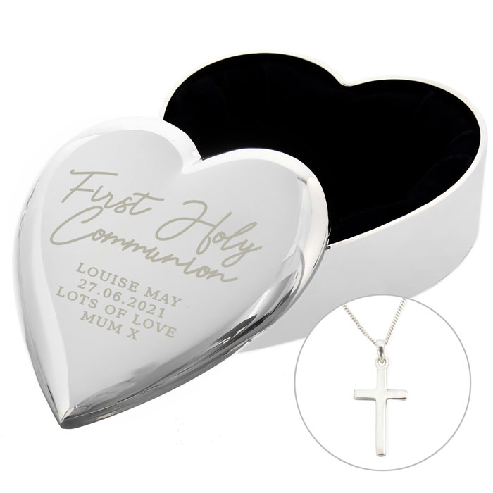 Personalised First Holy Communion Heart Trinket Box & Cross