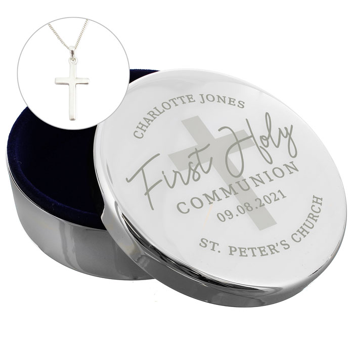 Personalised First Holy Communion Round Trinket Box & Cross