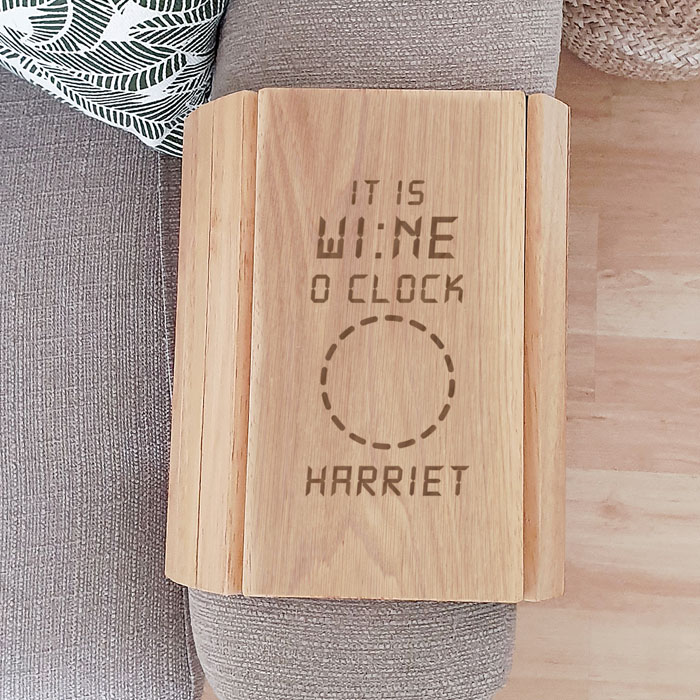 Personalised Its Wine O Clock Wooden Sofa Tray