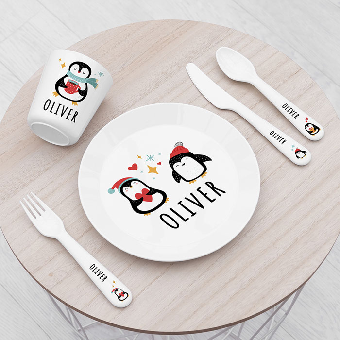 Personalised Kids Winter Penguin Plastic Dining Set