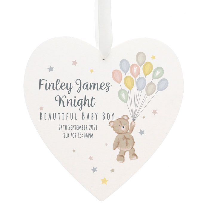 Personalised Teddy & Balloons White Wooden Heart