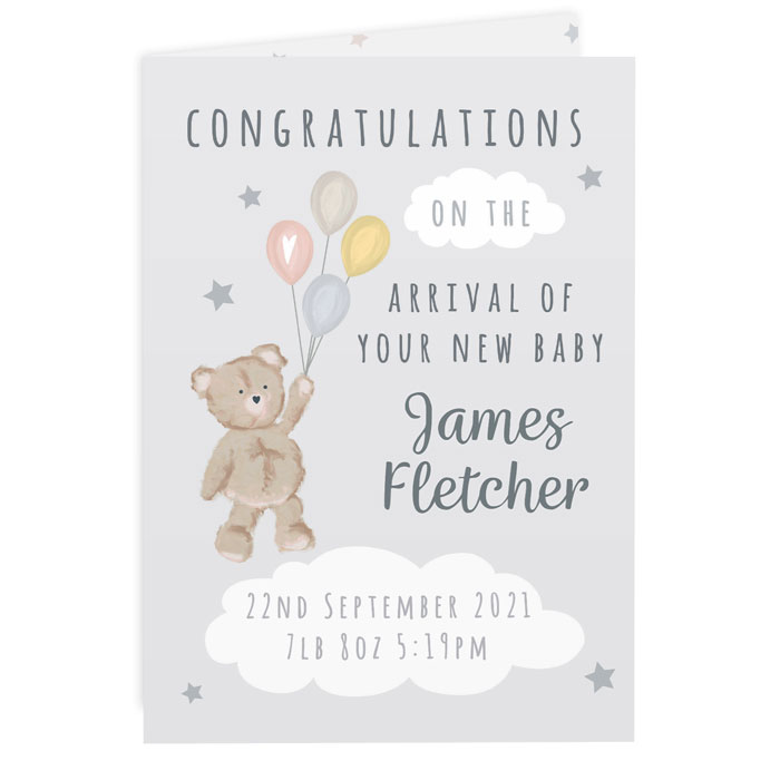 Personalised Teddy & Balloons Baby Card