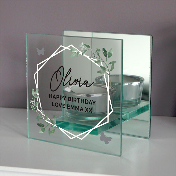 Personalised Botanical Mirror Glass Tea Light Candle Holder