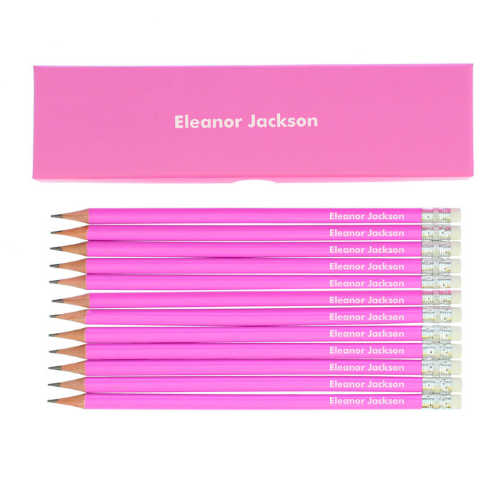 Personalised Name Only Box and 12 Pink HB Pencils