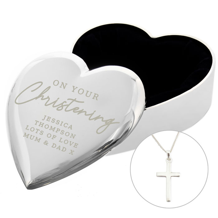 Personalised Christening Heart Trinket Box & Cross Necklace