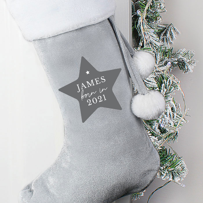 Personalised Born In Luxury Silver Grey First Stocking