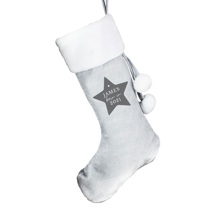 Personalised Born In Luxury Silver Grey First Stocking