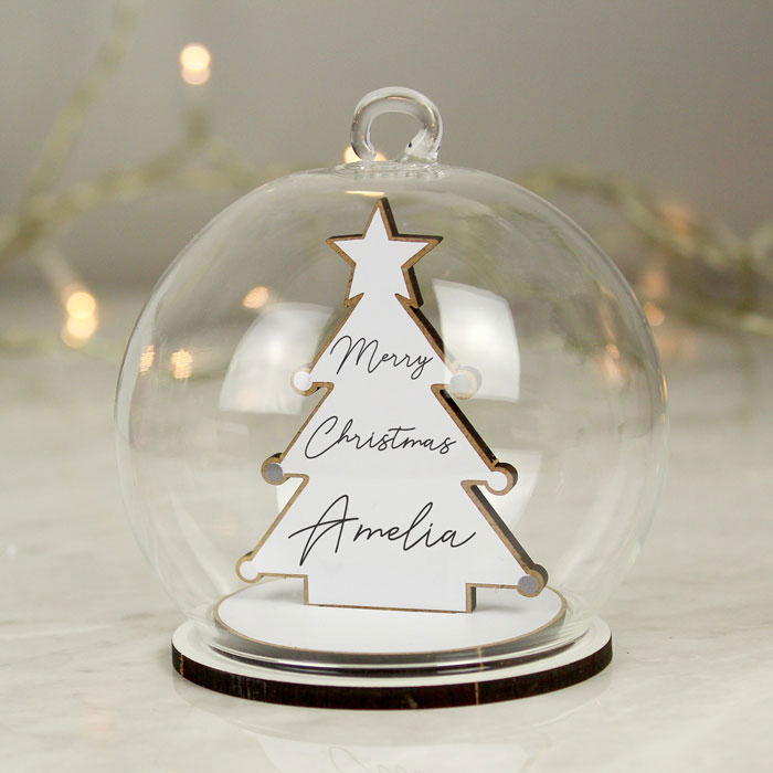 Personalised Wooden Christmas Tree Glass Bauble