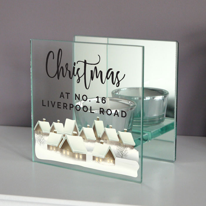 Personalised Christmas Village Glass Tea Light Holder