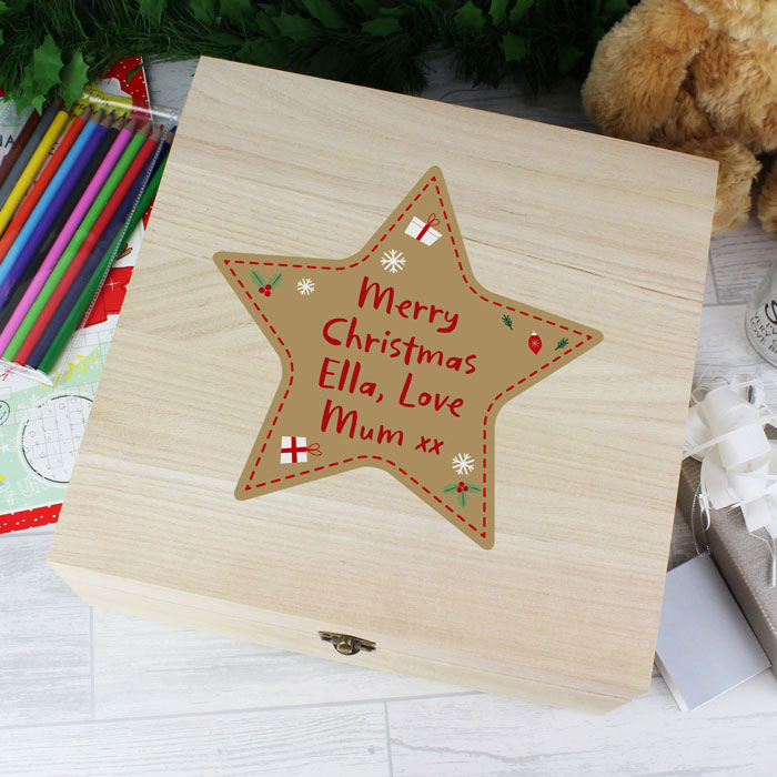 Personalised Christmas Star Large Wooden Keepsake Box