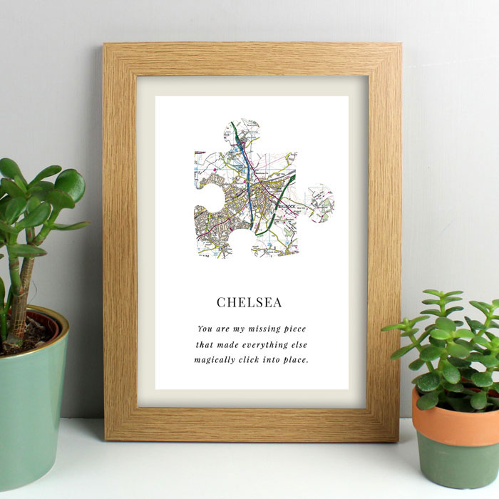 Personalised Map Puzzle Piece A4 Oak Framed Print