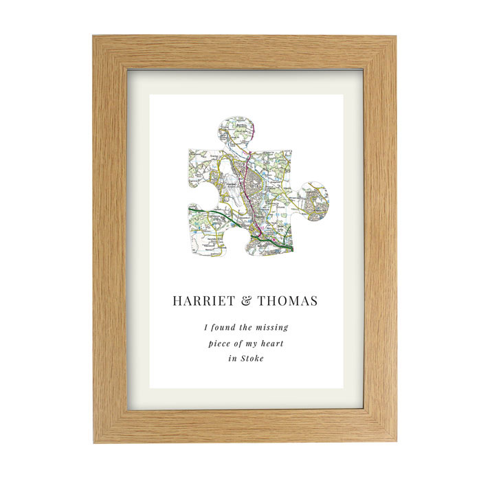 Personalised Map Puzzle Piece A4 Oak Framed Print