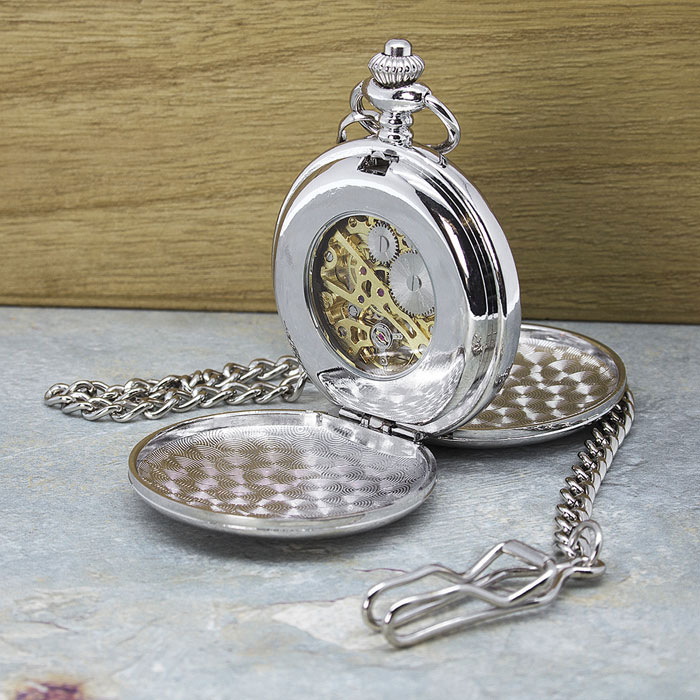 Engraved Dual Sided Silver Plated Pocket Watch and Chain