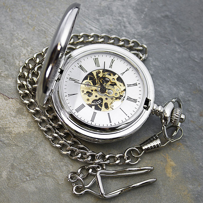 Engraved Dual Sided Silver Plated Pocket Watch and Chain