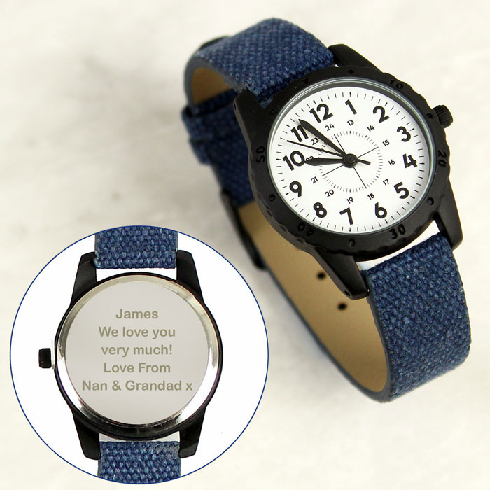 Boys Personalised Black Watch With Blue Canvas Strap
