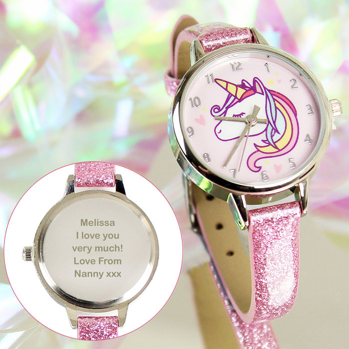 Girls Personalised Pink Unicorn Watch With Glitter Strap
