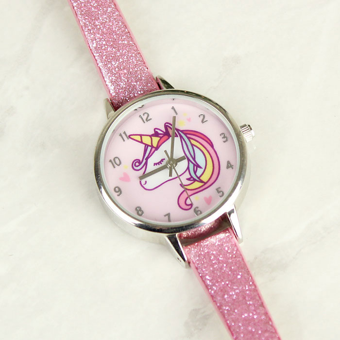 Girls Personalised Pink Unicorn Watch With Glitter Strap