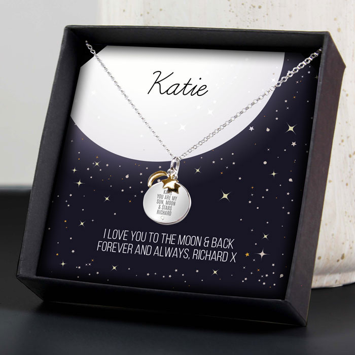 Personalised Moon & Stars Sterling Silver Necklace In Box