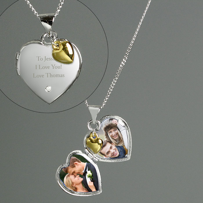 Engraved Silver Heart Locket with Gold Charm and Diamond